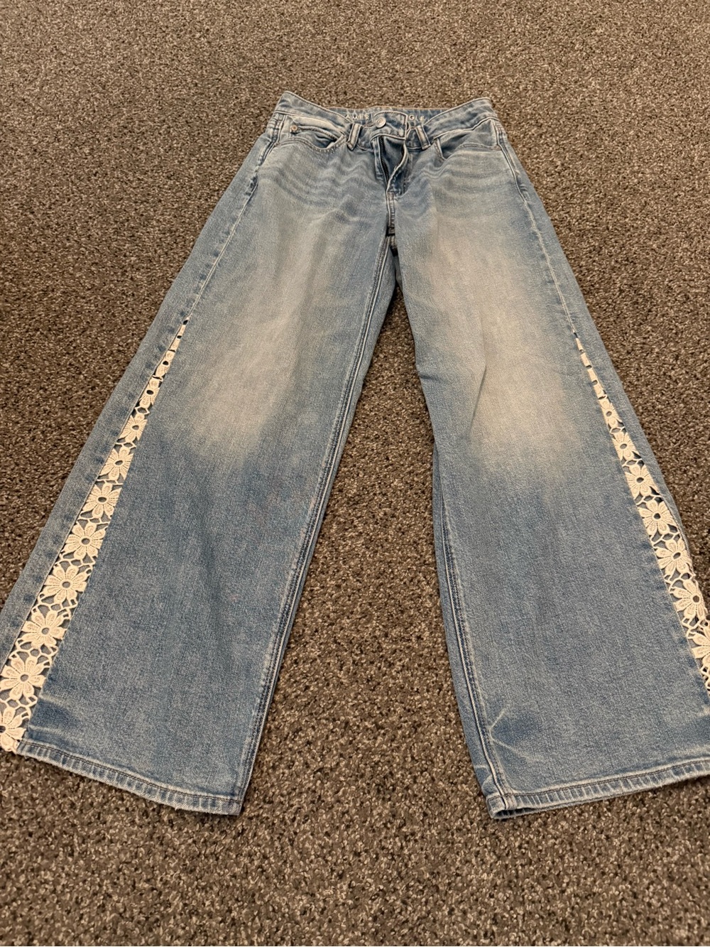 American Eagle Outfitters Light Blue Wide-Leg Jeans with White Lace Trim